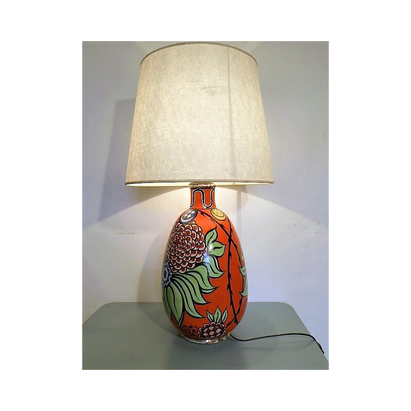 French vintage lamp in red painted ceramic 1940
