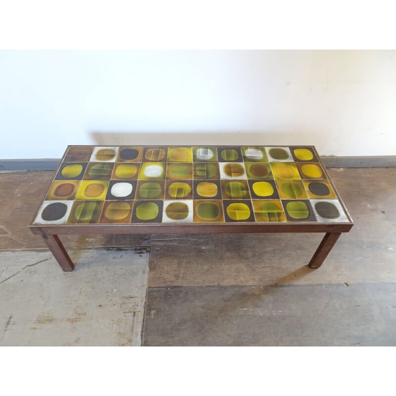 Table basse vintage de Capron en céramique jaune verte et marron