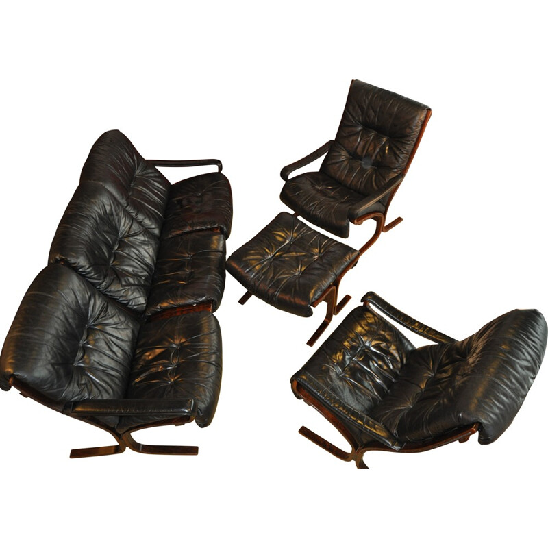 Set of living room in black leather and wood, Ingmar RELLING - 1960s
