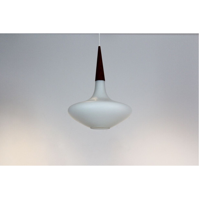 Vintage Dutch wood and opaline pendant lamp for Philips, 1950