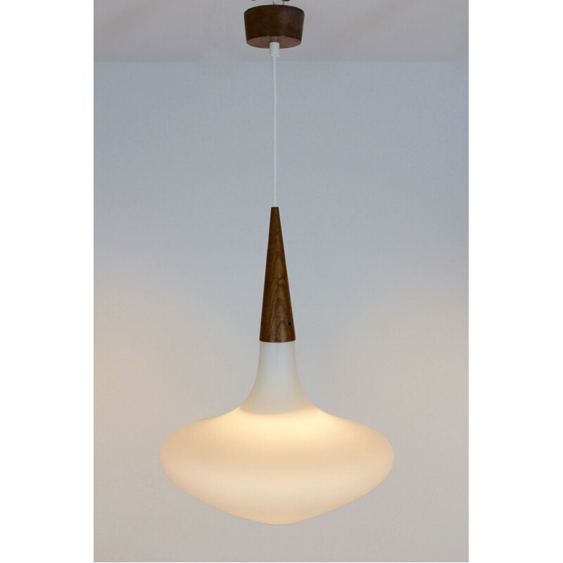 Vintage Dutch wood and opaline pendant lamp for Philips, 1950