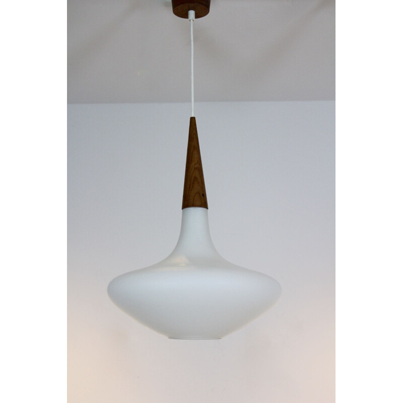 Vintage Dutch wood and opaline pendant lamp for Philips, 1950