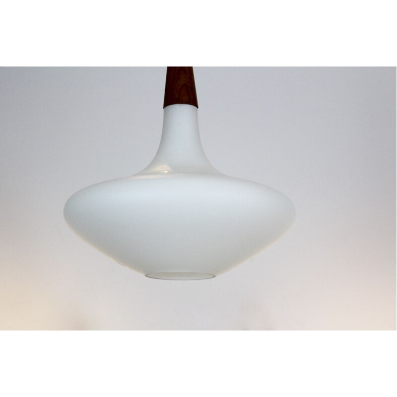 Vintage Dutch wood and opaline pendant lamp for Philips, 1950