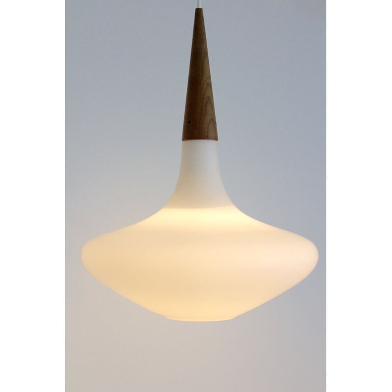 Vintage Dutch wood and opaline pendant lamp for Philips, 1950