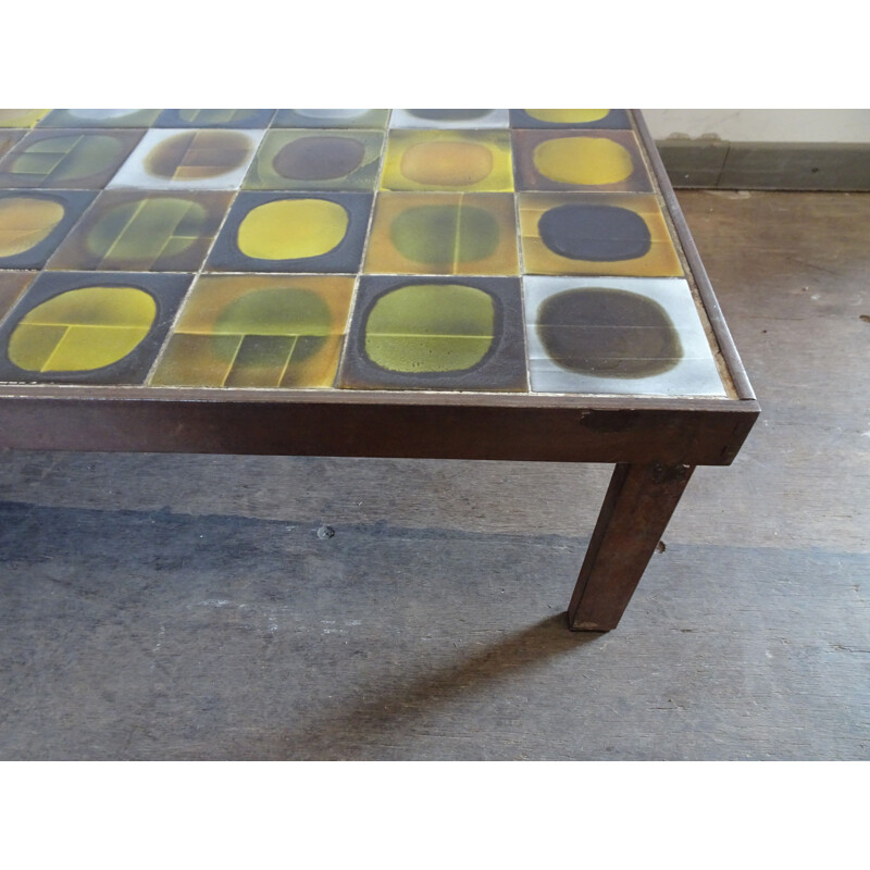 Vintage coffee table by Capron in yellow brown and green ceramic