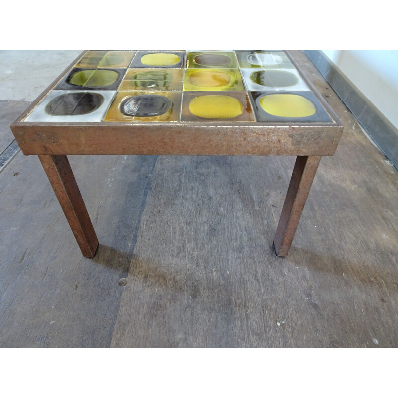 Table basse vintage de Capron en céramique jaune verte et marron