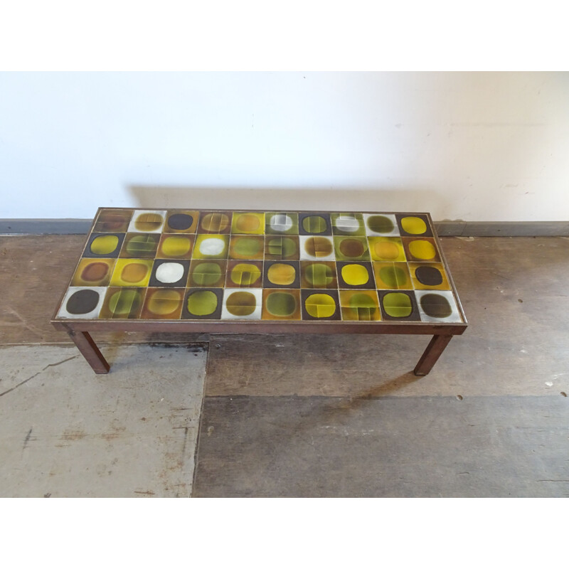 Vintage coffee table by Capron in yellow brown and green ceramic