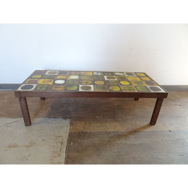 Vintage coffee table by Capron in yellow brown and green ceramic