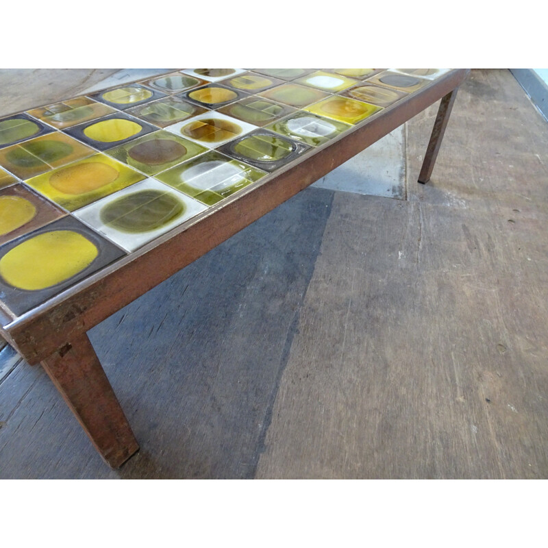 Table basse vintage de Capron en céramique jaune verte et marron