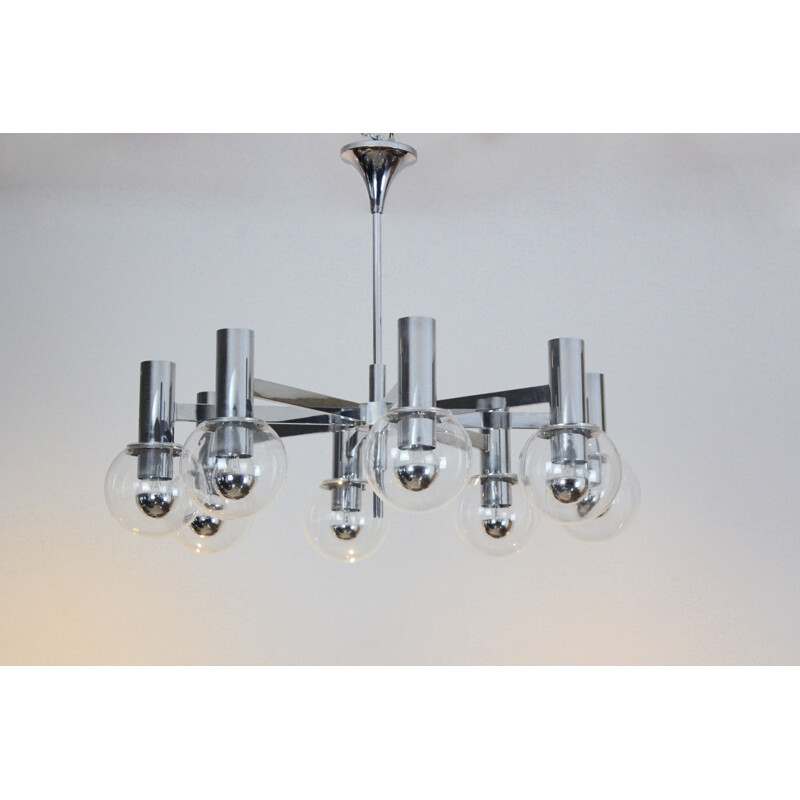 Vintage german chrome and glass chandelier for Kaiser Leuchten