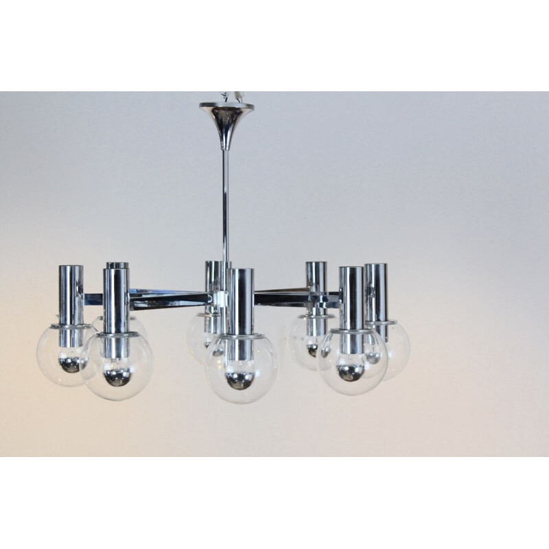 Vintage german chrome and glass chandelier for Kaiser Leuchten