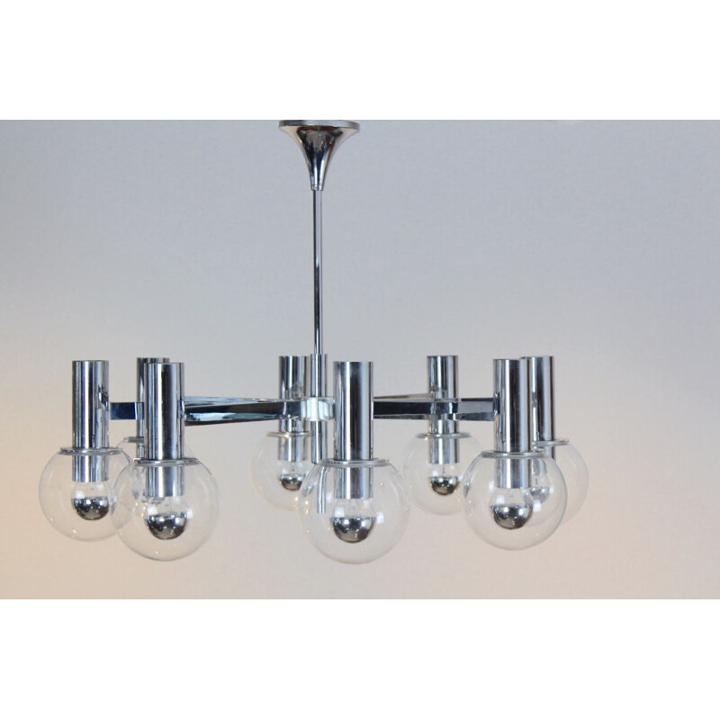 Vintage german chrome and glass chandelier for Kaiser Leuchten