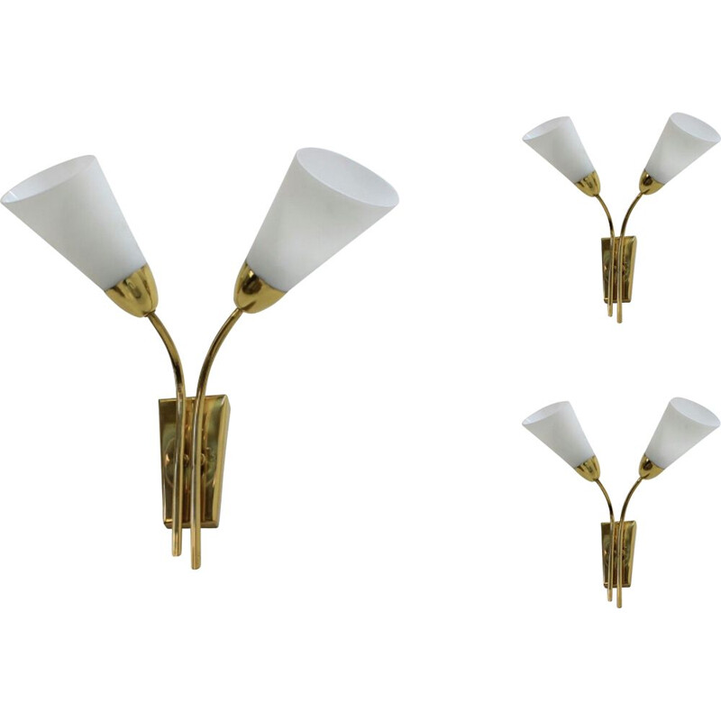 Set of 3 vintage brass and opaline wall lamps, 1970