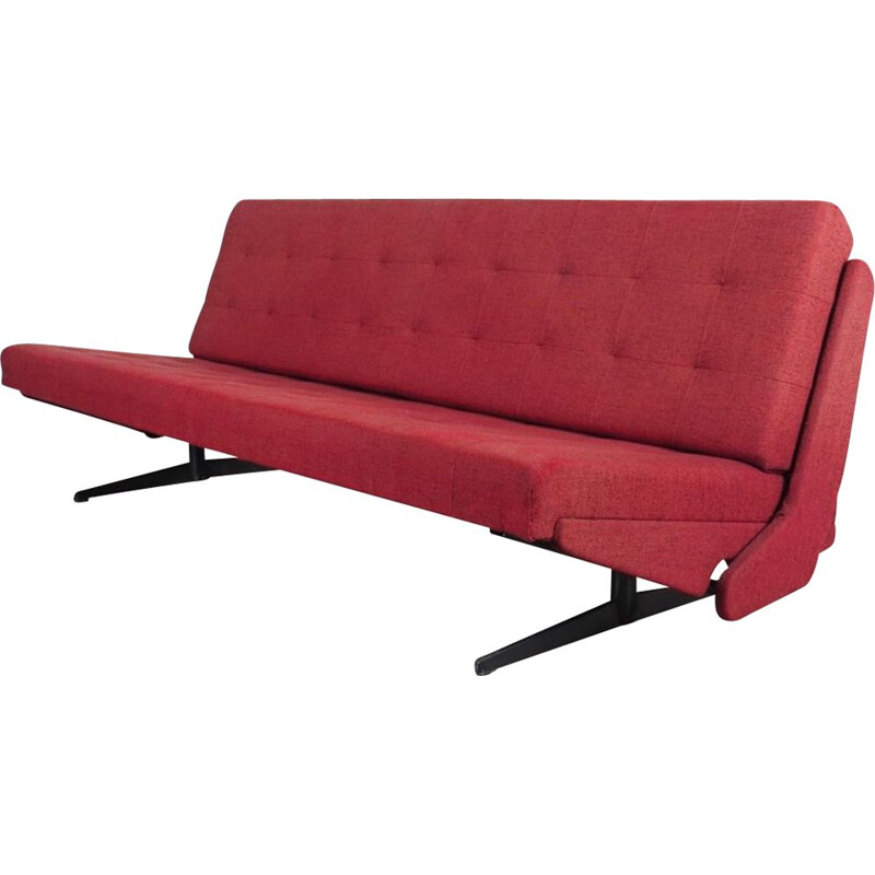 Vintage convertible daybed in red fabric and steel 1970