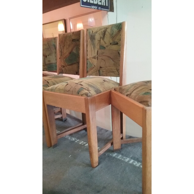 Set of 4 vintage chairs in blond oakwood and brown velvet