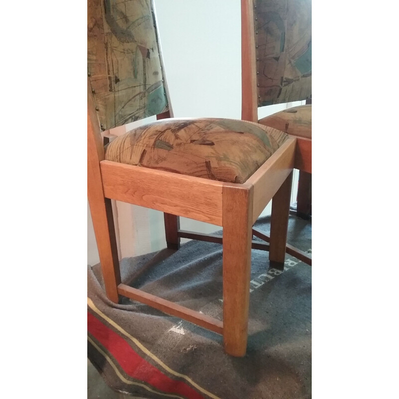 Set of 4 vintage chairs in blond oakwood and brown velvet
