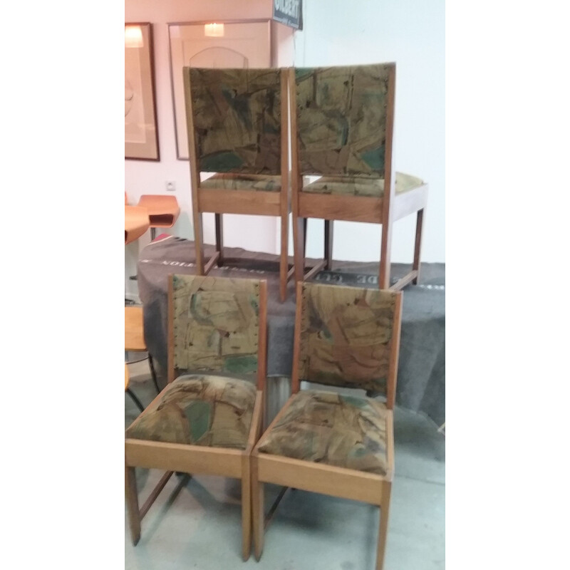 Set of 4 vintage chairs in blond oakwood and brown velvet