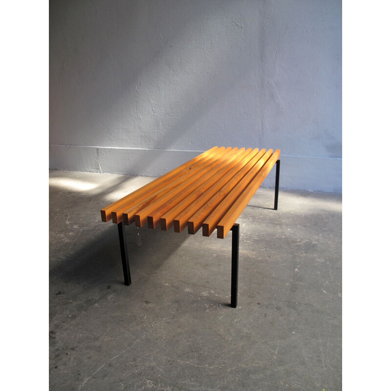 Vintage bench wooden bars in a black lacquered metal base