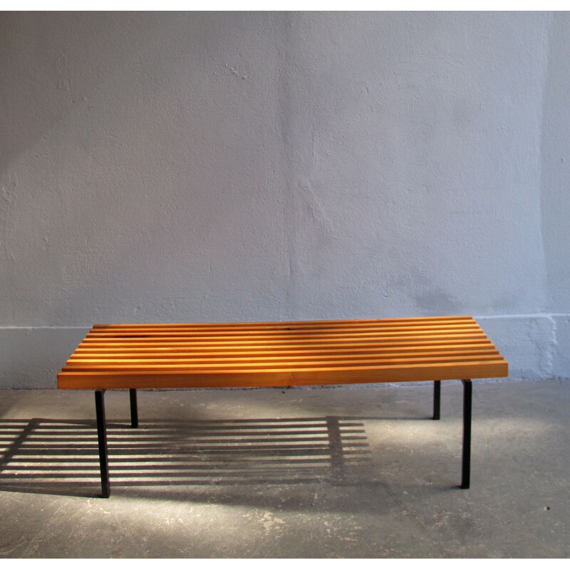 Vintage bench wooden bars in a black lacquered metal base