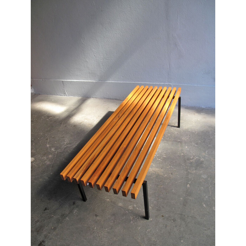 Vintage bench wooden bars in a black lacquered metal base