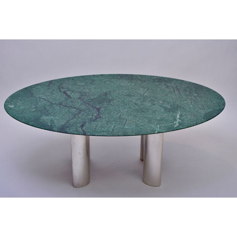 Vintage german table with green marble top and chromed metal legs 1990