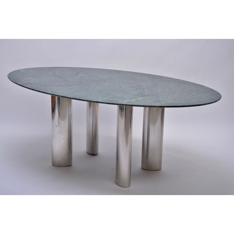Vintage german table with green marble top and chromed metal legs 1990