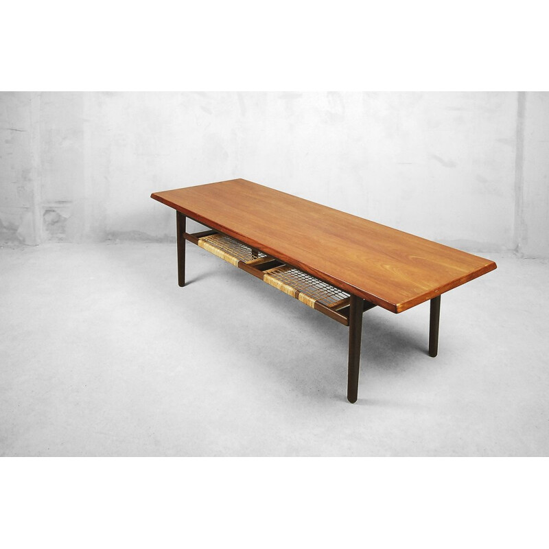 Vintage danish teak coffee table with cane shelf 1960