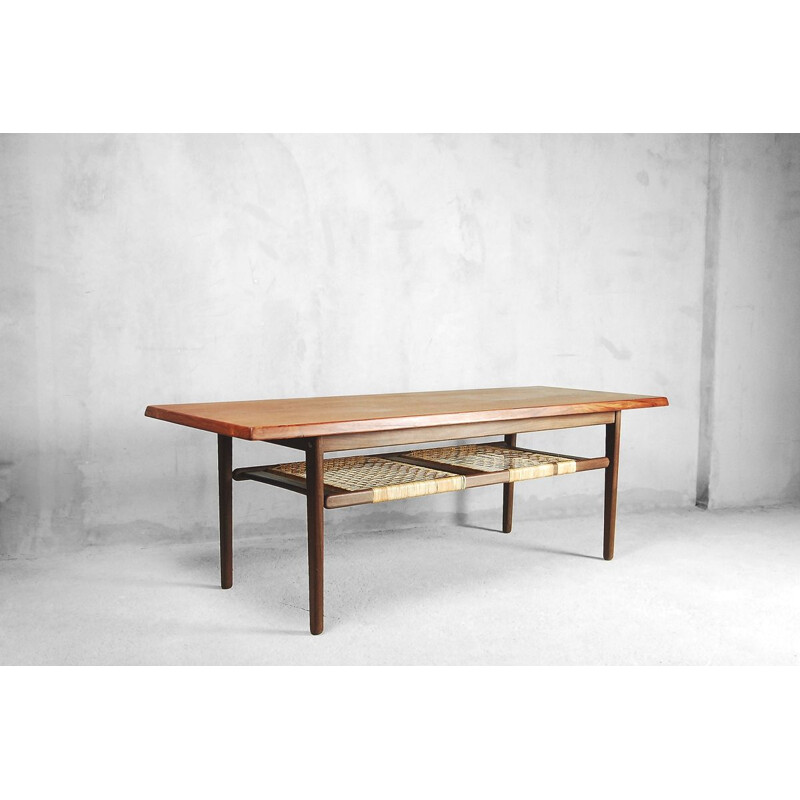 Vintage danish teak coffee table with cane shelf 1960