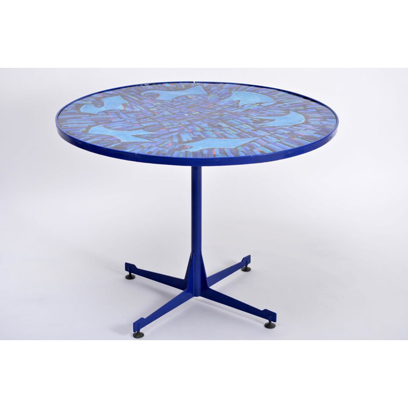 Vintage blue Italian dining table in copper and metal 1950