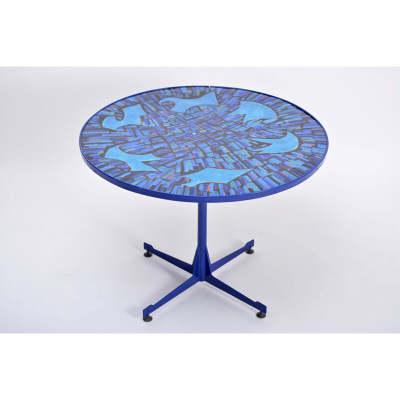 Vintage blue Italian dining table in copper and metal 1950