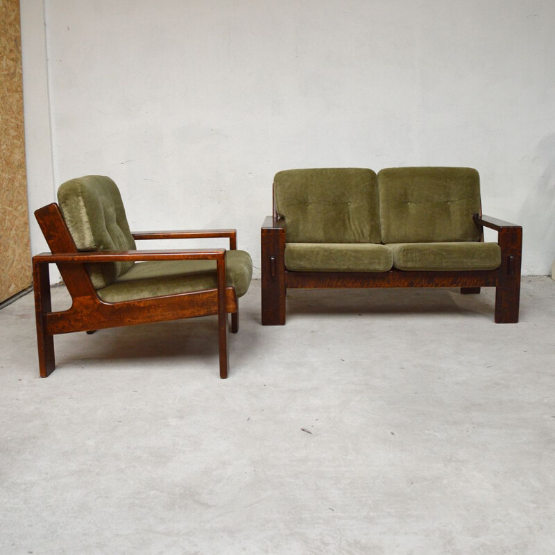 Vintage living room for Asko in green velvet and wood 1960