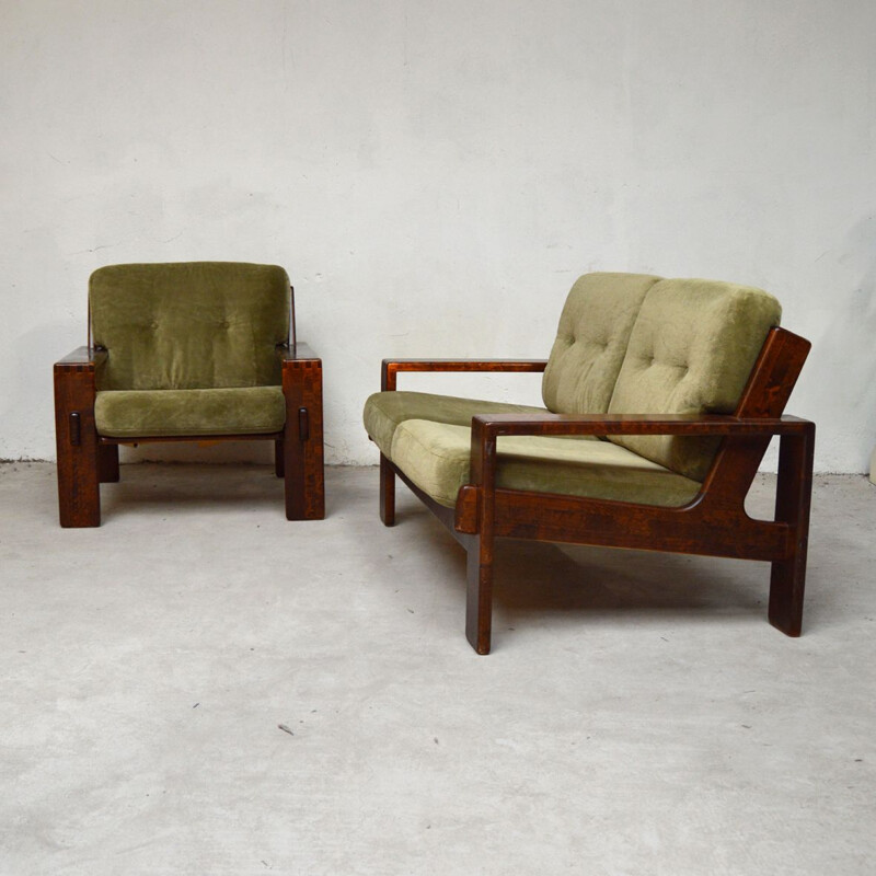 Vintage living room for Asko in green velvet and wood 1960