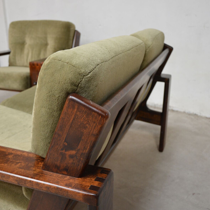 Vintage living room for Asko in green velvet and wood 1960