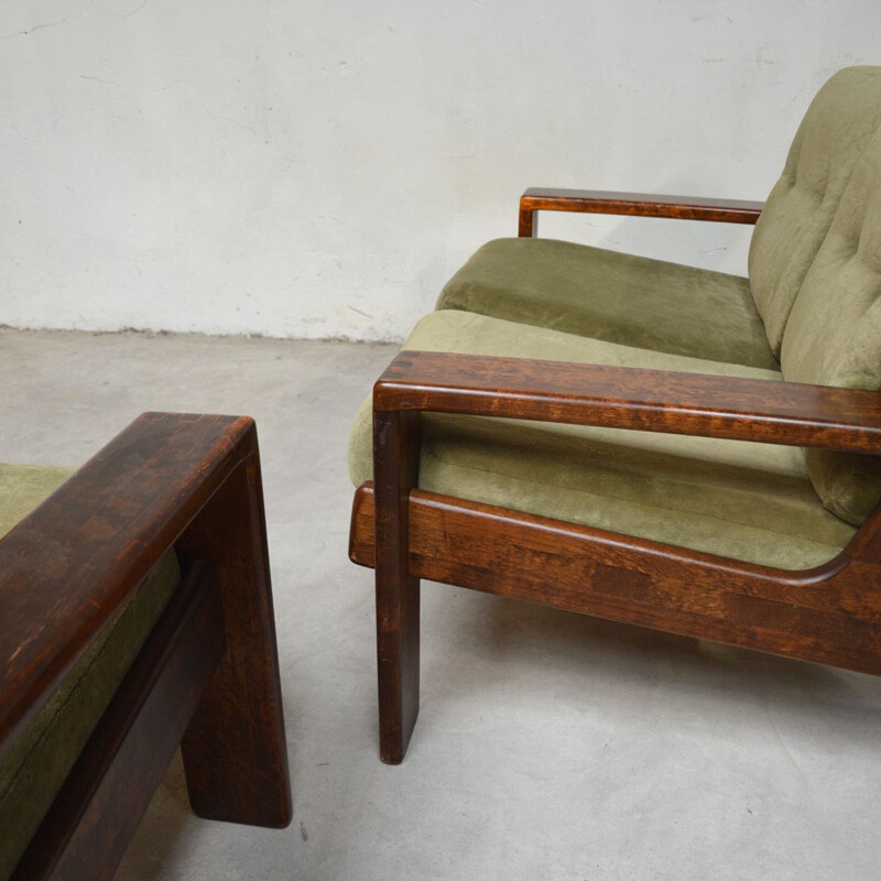 Vintage living room for Asko in green velvet and wood 1960