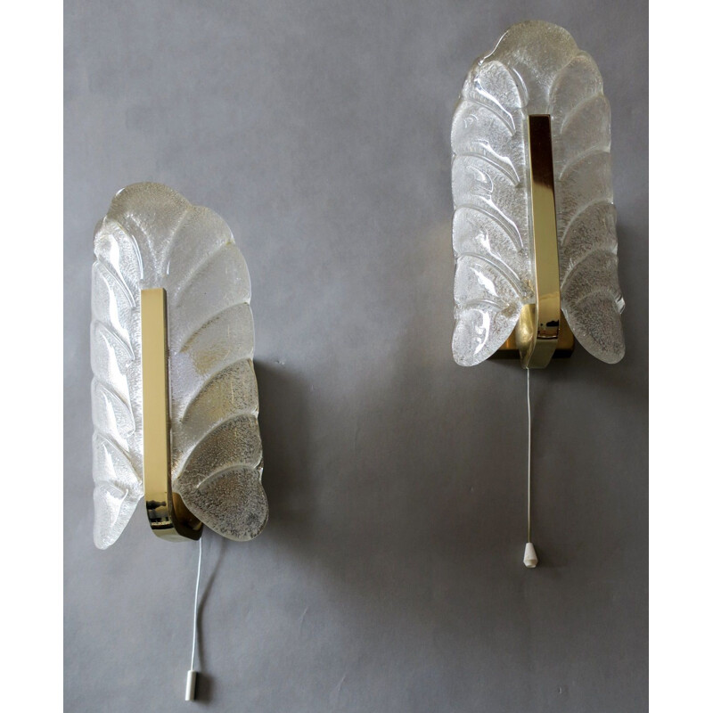 Pair of vintage wall lights for Orrefors in brass and frosted glass 1960
