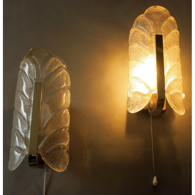 Pair of vintage wall lights for Orrefors in brass and frosted glass 1960