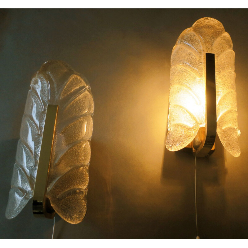 Pair of vintage wall lights for Orrefors in brass and frosted glass 1960