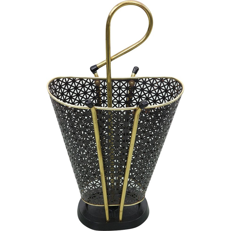 French vintage umbrella stand in black metal and brass 1950