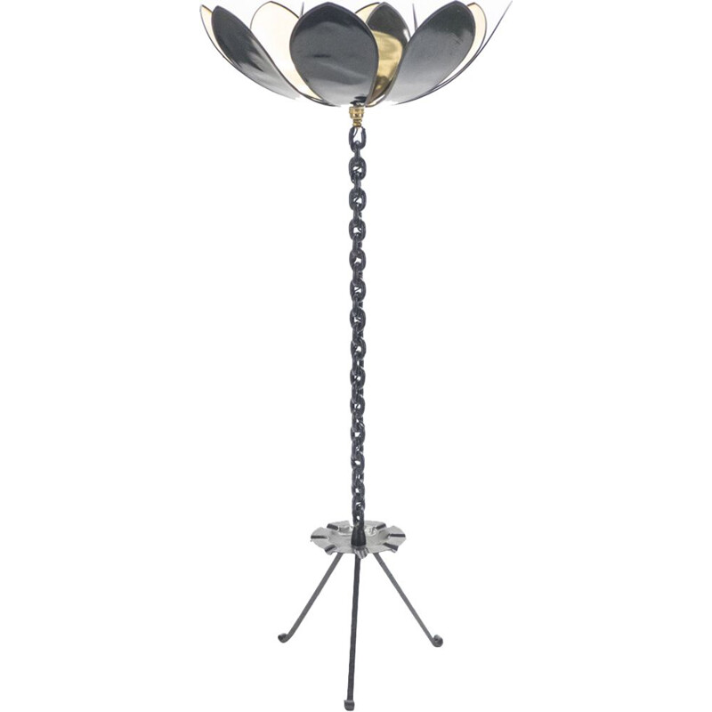 French vintage floorlamp in black iron and brass 1960
