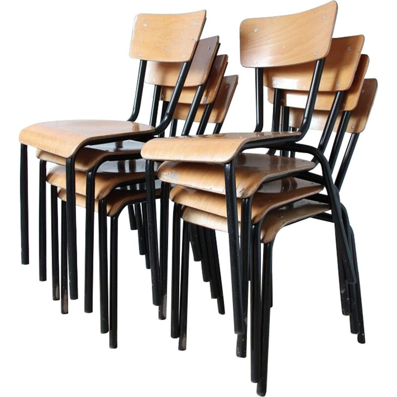 Set of 7 school chairs in wood