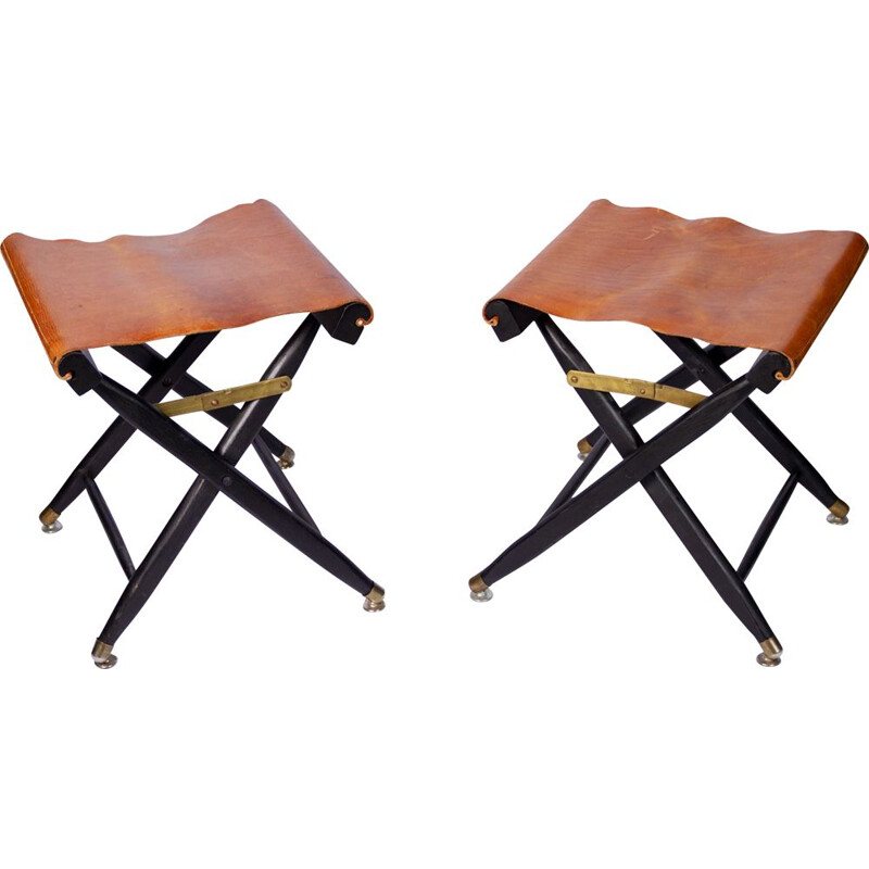 Set of 2 vintage french folding stools leather