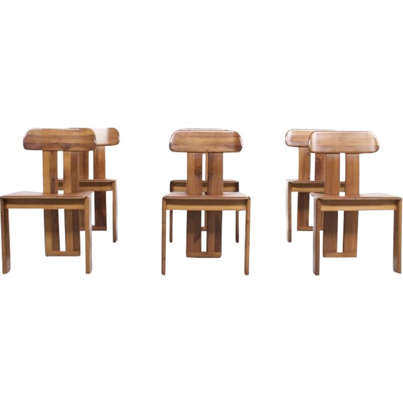 Suite de 6 chaises vintage en cuir naturel noyer et hêtre par Girgi Mobili