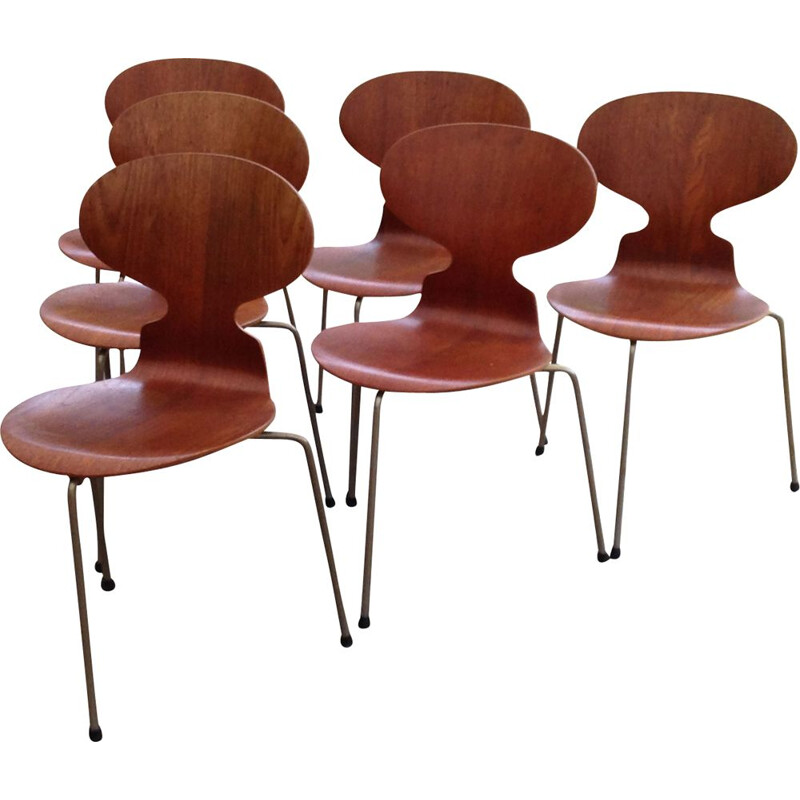 Set of 6 vintage Fourmi 3100 chairs for Hansen in teak and metal 1950
