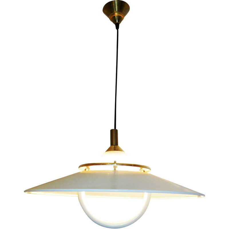 Vintage white metal, brass and glass pendant lamp, 1960