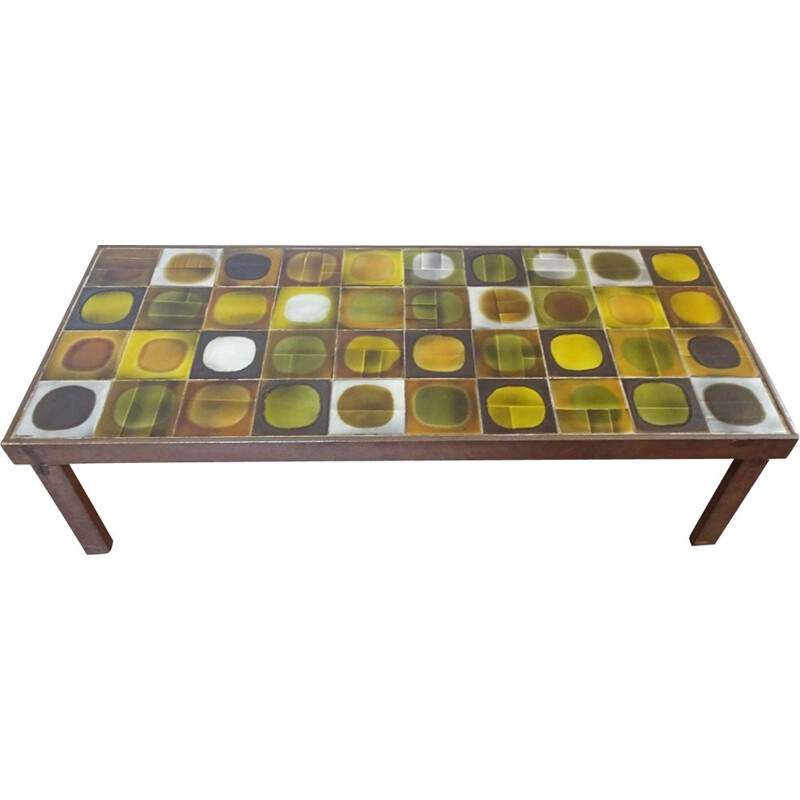 Vintage coffee table by Capron in yellow brown and green ceramic