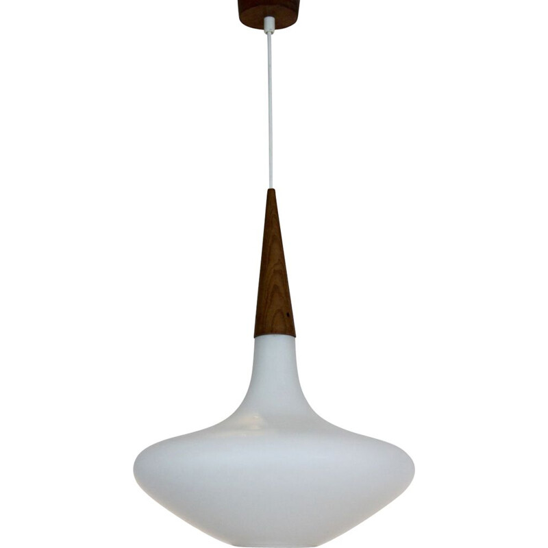 Lampada a sospensione olandese d'epoca in legno e opalina per Philips, 1950