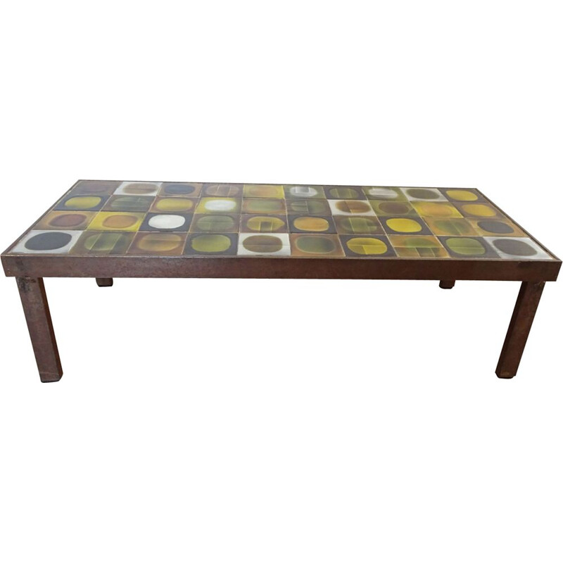 Vintage coffee table by Capron in yellow brown and green ceramic