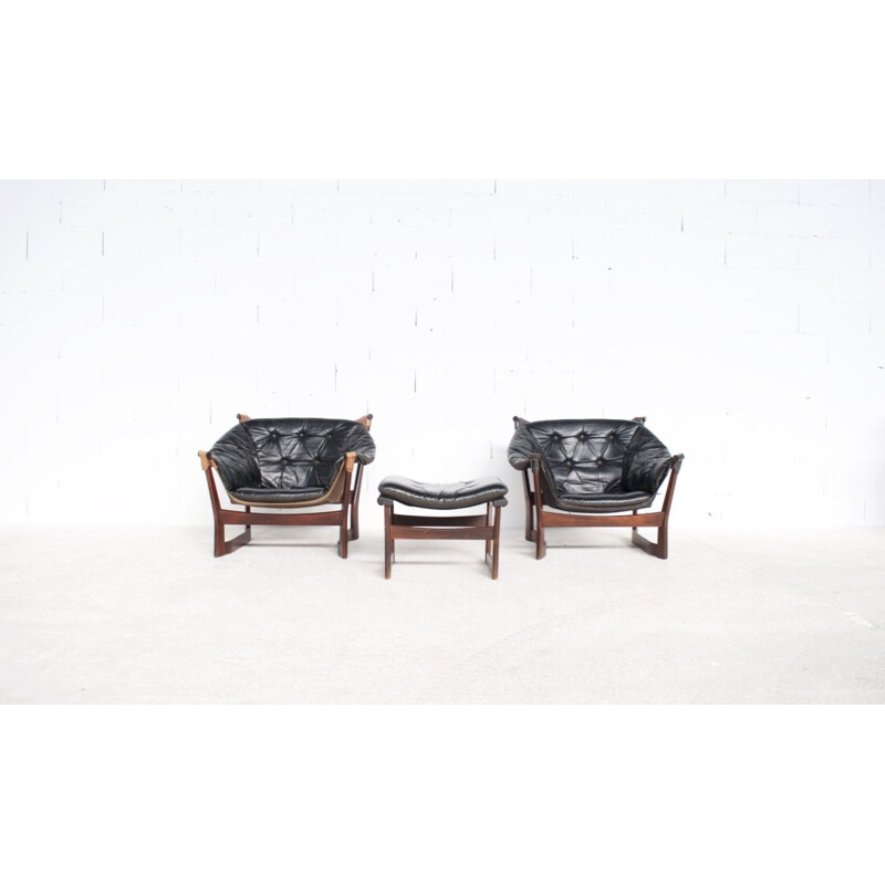 Pair of vintage armchairs for Westnofa in black leather and rosewood 1970