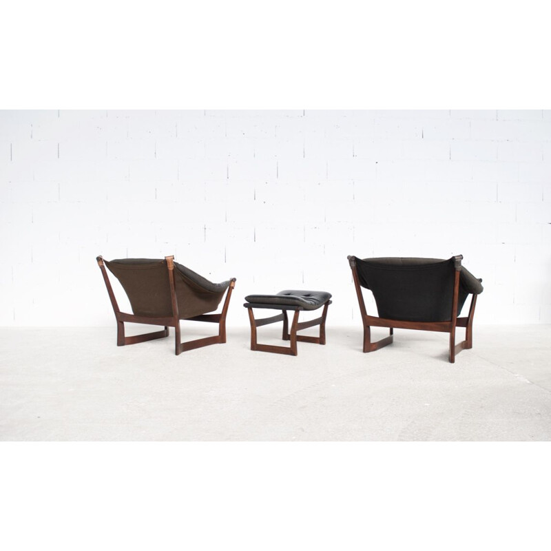 Pair of vintage armchairs for Westnofa in black leather and rosewood 1970