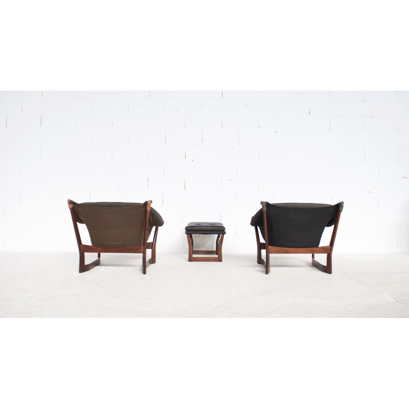 Pair of vintage armchairs for Westnofa in black leather and rosewood 1970